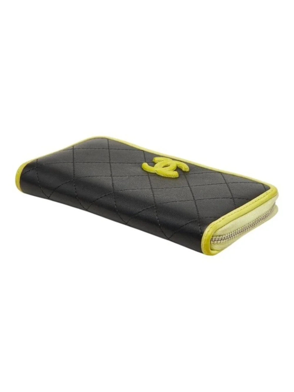 Chanel CC Logo Quilted Zip Around Wallet Black Yellow Leather